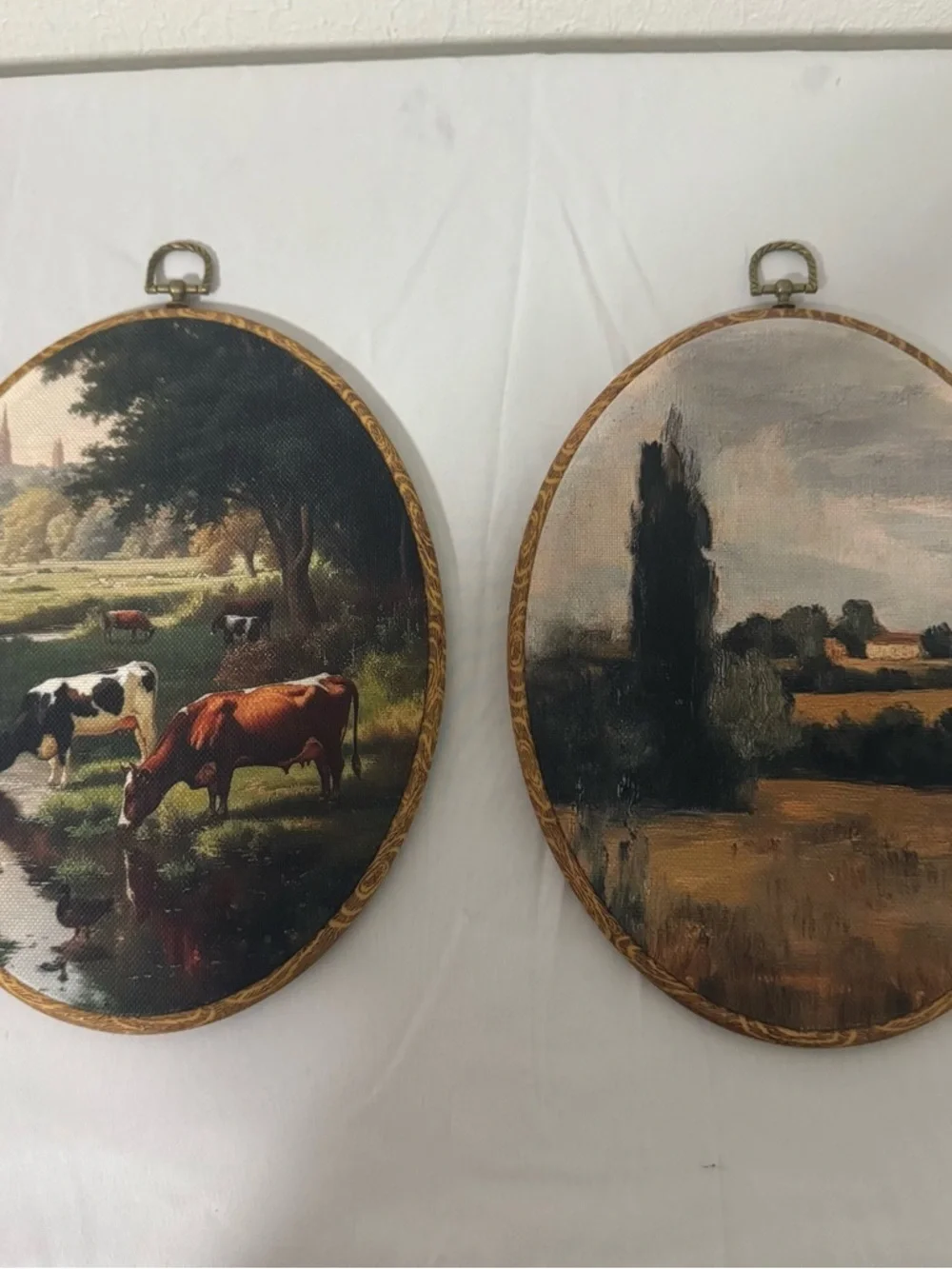 Paintings of (2) Pastoral Country Landscape Scenery Wall Art Decor Cows Oval EUC